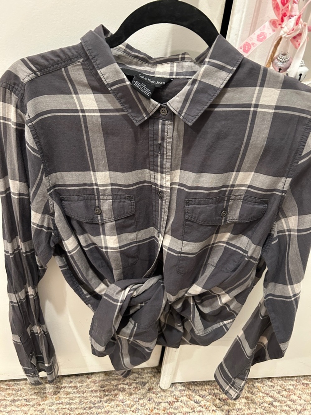 Calvin Klein Jeans Charcoal and Cream Plaid Button-Down Shirt